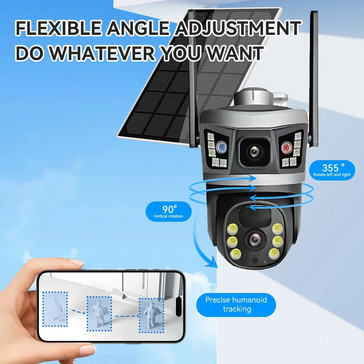 V380 WiFi Solar Security Digital Camera- Dual Lens, Outdoor Monitor, 10MP Home Wifi Cameras With Red blue flashing warning light