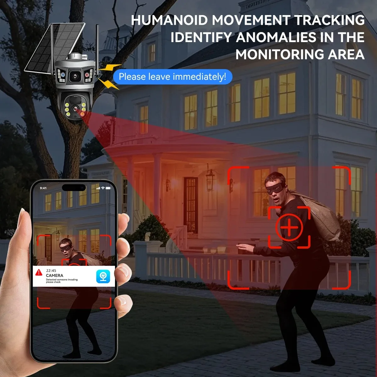 V380 WiFi Solar Security Digital Camera- Dual Lens, Outdoor Monitor, 10MP Home Wifi Cameras With Red blue flashing warning light