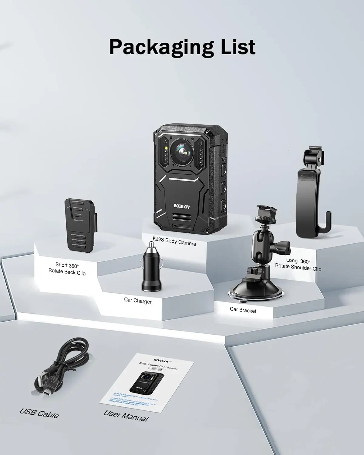 BOBLOV KJ23 Body Worn Camera with Car Suction Kit,128GB 1296P,3200mAh,14 Hours,Night Vision,for Daily Record/Waiters/Delivery