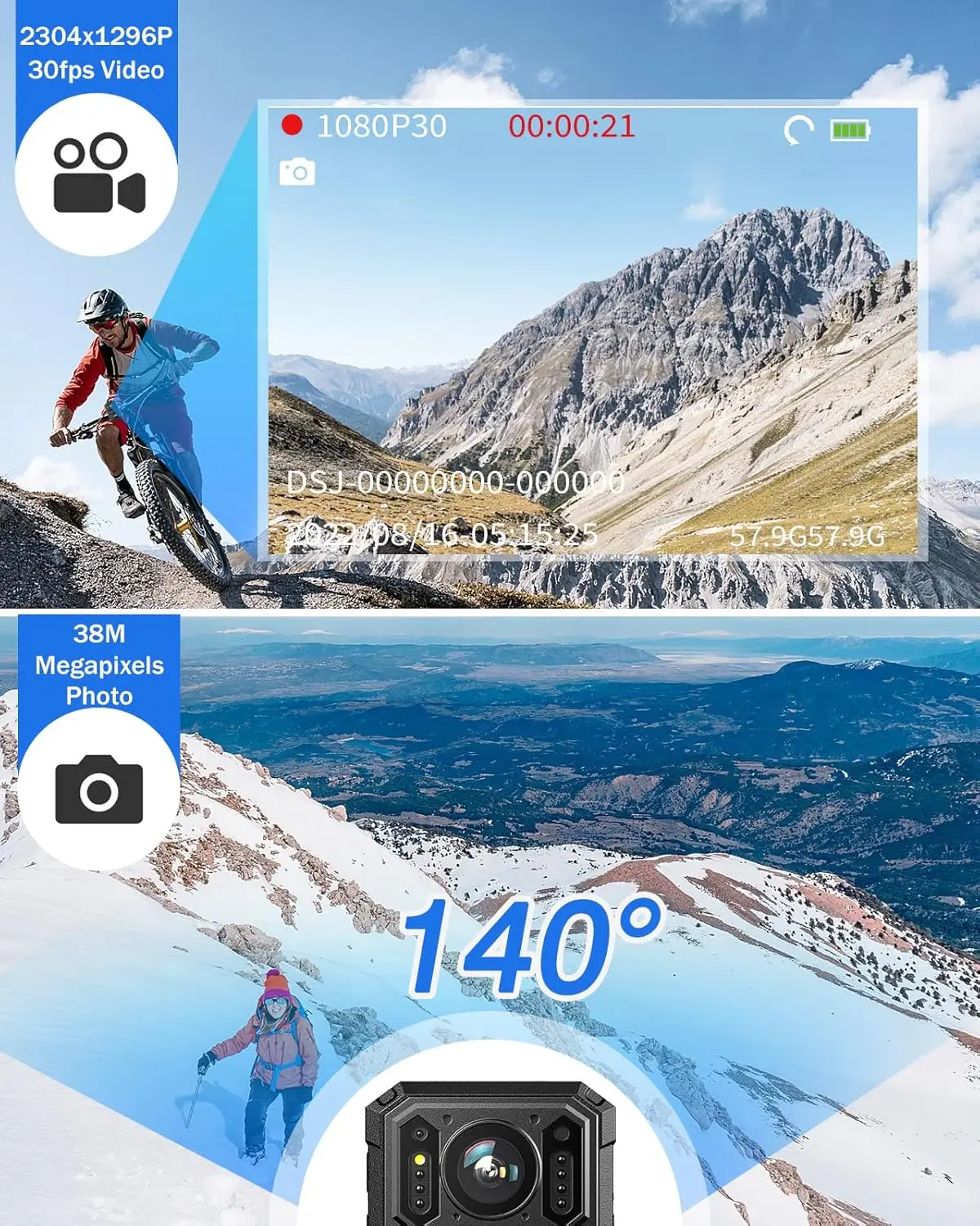 BOBLOV KJ23 Body Worn Camera with Car Suction Kit,128GB 1296P,3200mAh,14 Hours,Night Vision,for Daily Record/Waiters/Delivery