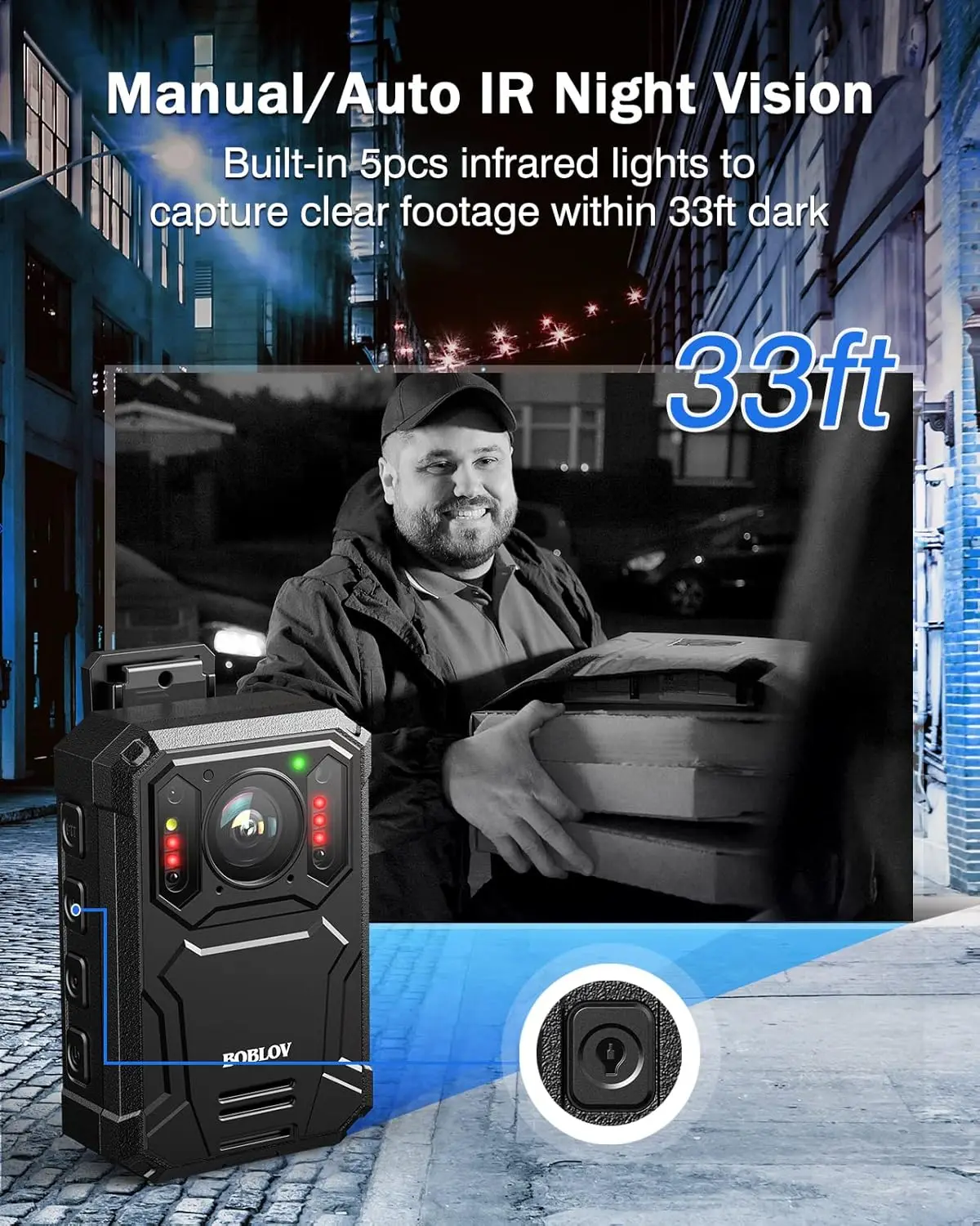 BOBLOV KJ23 Body Worn Camera with Car Suction Kit,128GB 1296P,3200mAh,14 Hours,Night Vision,for Daily Record/Waiters/Delivery