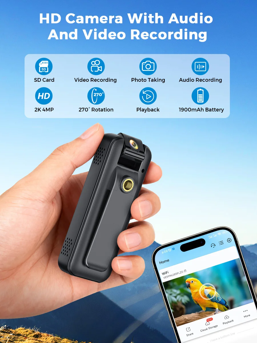 5MP UHD WiFi Body Camera Mini 1080P Wireless Rechargeable 1900mAh Battery 180° Flip Portable Law Enforcement Video Recorder
