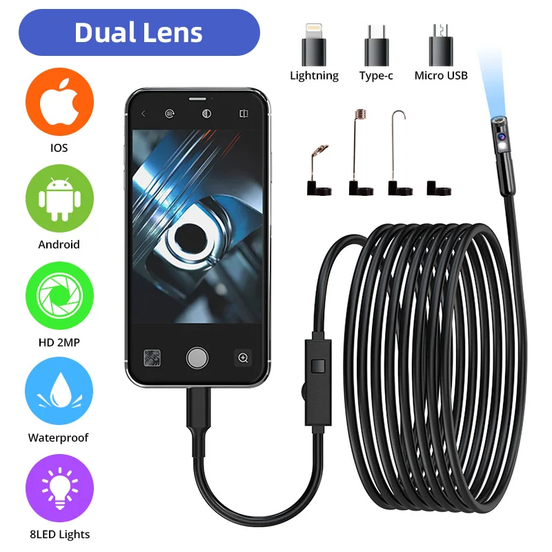 KERUI 2MP Industrial Endoscope Camera Single/Dual Lens Mini Inspection Camera for Iphone Waterproof Pipeline Borescope Type C
