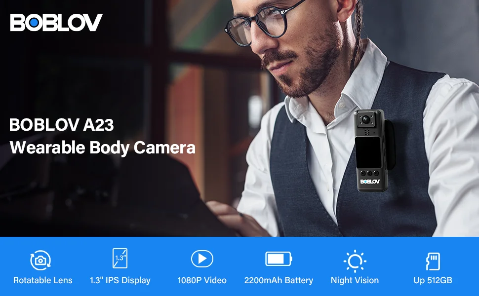 BOBLOV A23 Body Worn Camera 180° Rotatable 1080P Video Camera Night Vision Bodcamera  9Hours Battery Shooting Mini Camera