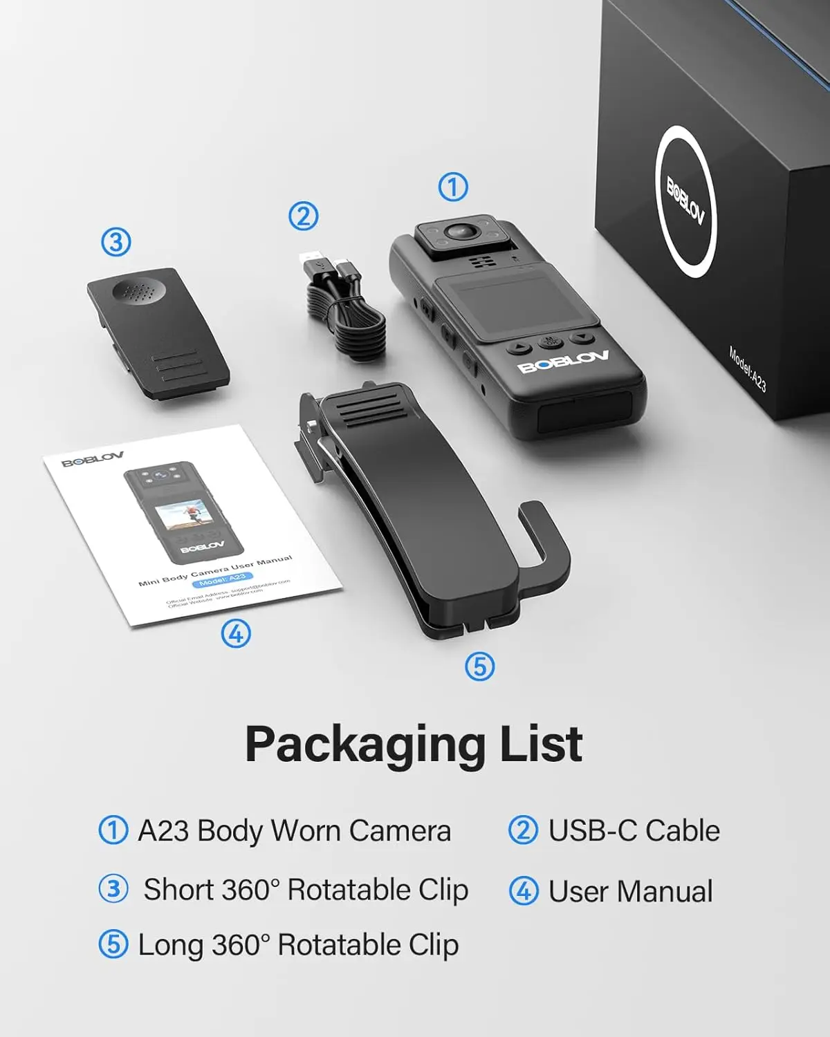 BOBLOV A23 Body Worn Camera 180° Rotatable 1080P Video Camera Night Vision Bodcamera  9Hours Battery Shooting Mini Camera