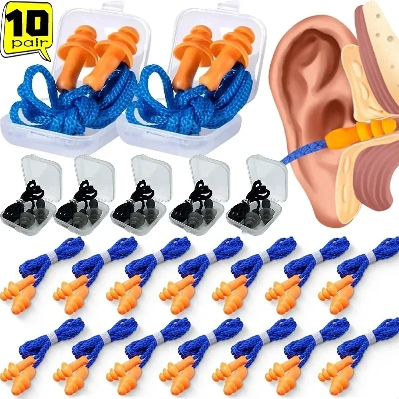 Corded Ear Plugs Reusable Silicone Earplugs with String Banded Earbuds for Sleeping Studying Swimming Noise Cancelling Eartips