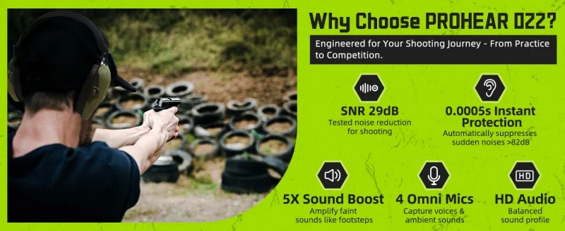 PROHEAR Shooting Electronic Ear Protection 5X Sound Amplification 4 Omnidirectional Microphones Noise Reduction Hunting Earmuffs