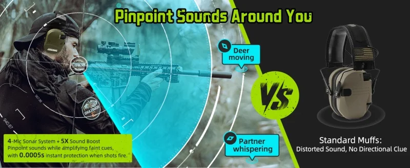 PROHEAR Shooting Electronic Ear Protection 5X Sound Amplification 4 Omnidirectional Microphones Noise Reduction Hunting Earmuffs