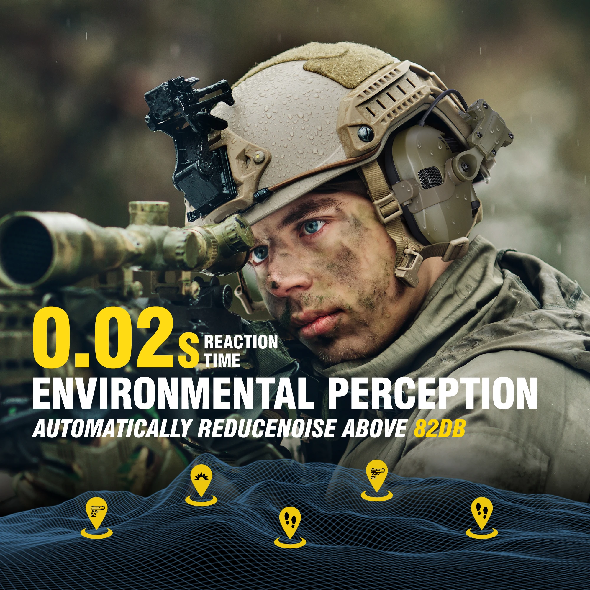 New Generation WK Tactical Helmet Earmuffs Pro - 23dB Active Noise Cancelling Electronic Hearing Protection for Shooting & Milit