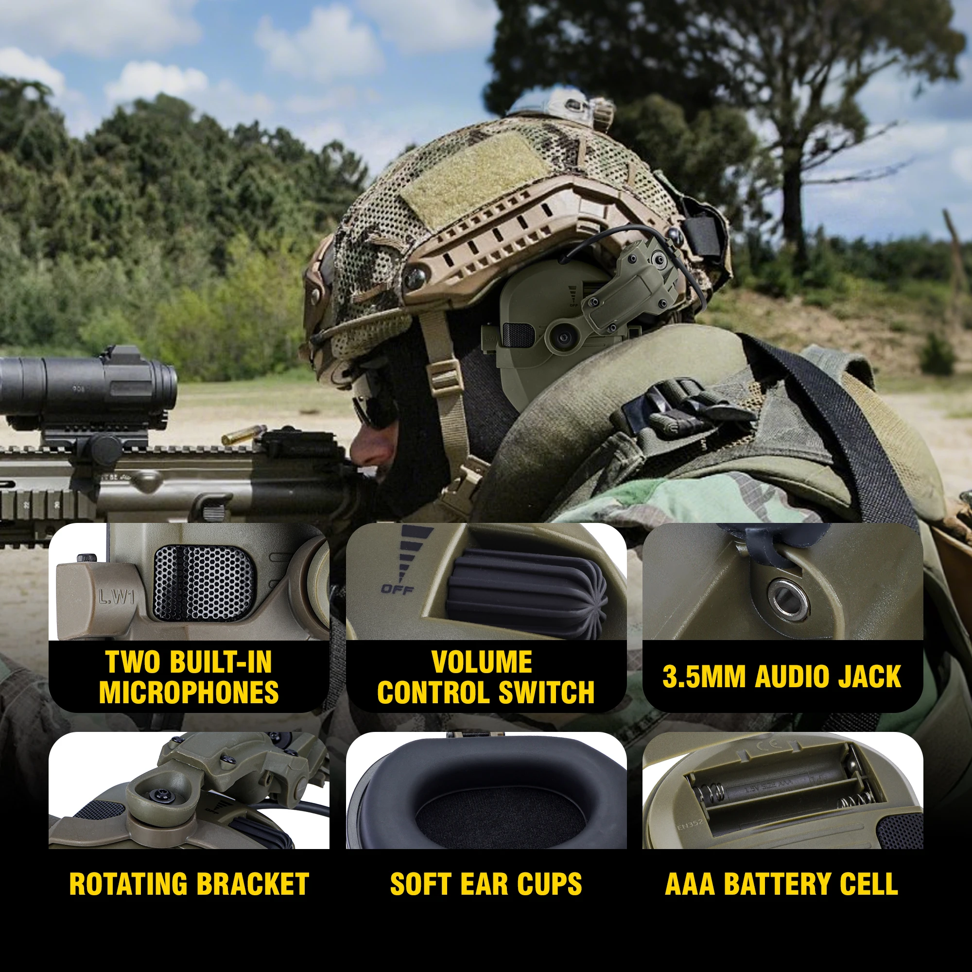 New Generation WK Tactical Helmet Earmuffs Pro - 23dB Active Noise Cancelling Electronic Hearing Protection for Shooting & Milit