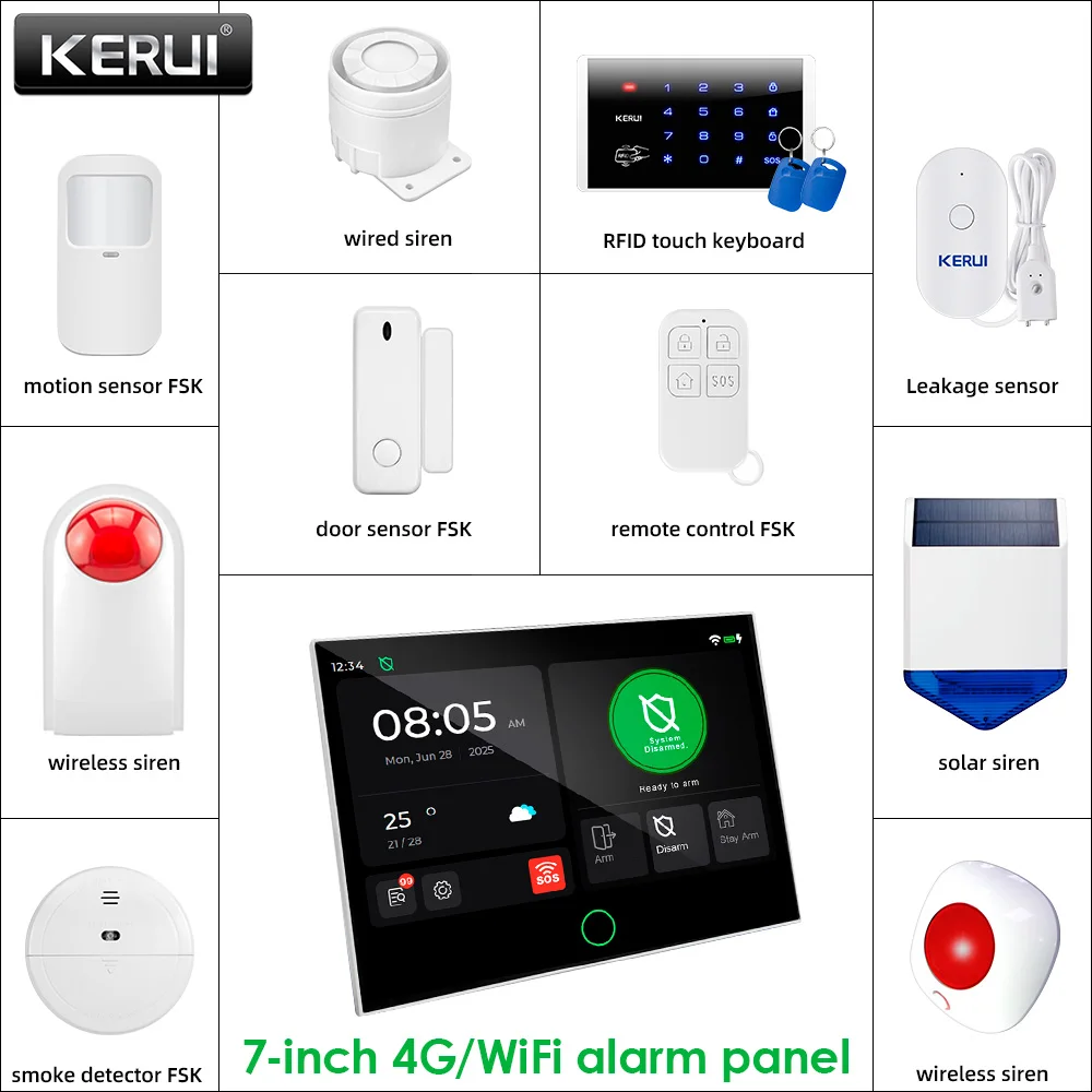 KERUI New 7 inch Touch Screen Panel Alarm System With Sensors 4G+WiFi DIY Your Home Alarm Kits FSK/ASK Security Protection G70 KERUI New 7 inch Touch Screen Panel Alarm System With Sensors 4G+WiFi DIY Your Home Alarm Kits FSK/ASK Security Protection G70