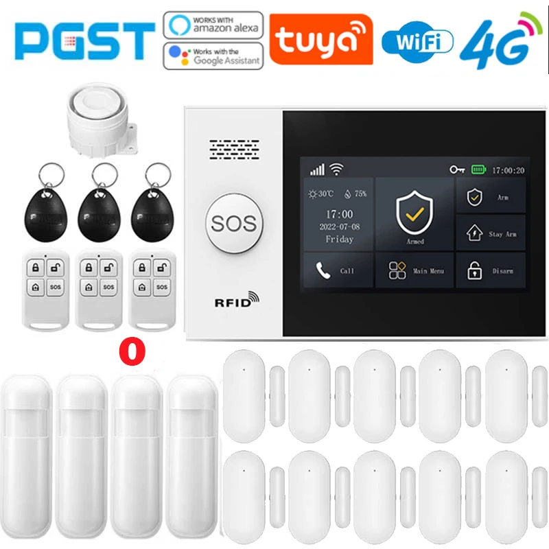 PGST 4G home anti-theft alarm system, Tuya, Safety alarm kit with PIR motion sensor, wireless, WiFi，GSM，PG-107，
