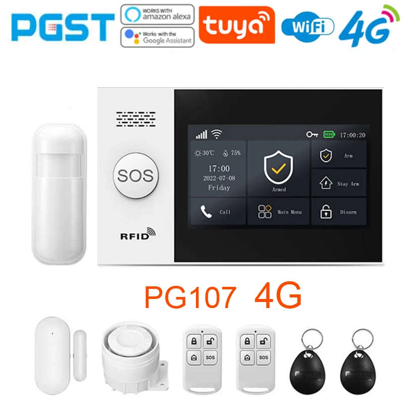 PGST 4G home anti-theft alarm system, Tuya, Safety alarm kit with PIR motion sensor, wireless, WiFi，GSM，PG-107，