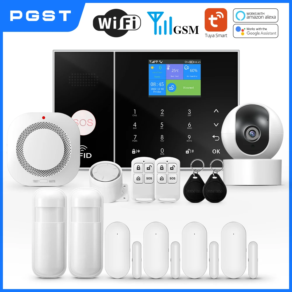 PGST Smart Life Alarm System for Home WIFI GSM Security Alarm Host with Door and Motion Sensor Tuya Smart App control work Alexa PGST Smart Life Alarm System for Home WIFI GSM Security Alarm Host with Door and Motion Sensor Tuya Smart App control work Alexa