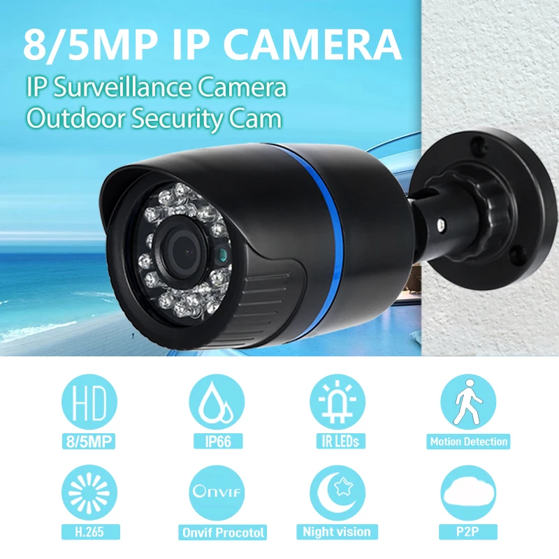 8MP 4K IP66 Waterproof Bullet Outdoor POE Camera, IP Surveillance Camera Security Night CCTV System Cam