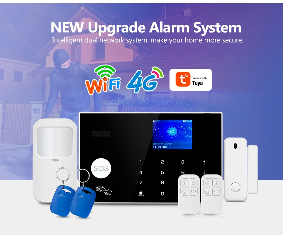 KERUI G34 Tuya Smart 4G WIFI Alarm System for Home Security Alarm Host with Door and Motion Sensor Smart Life APP Support Alexa