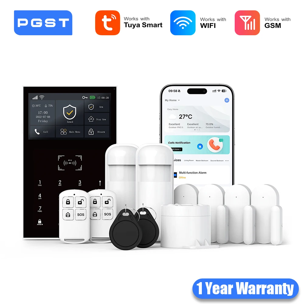 PGST WiFi 2G GSM Home Alarm System Tuya Security Protection Alarm Security System Kit Smart Life Automation Motion Door Sensor