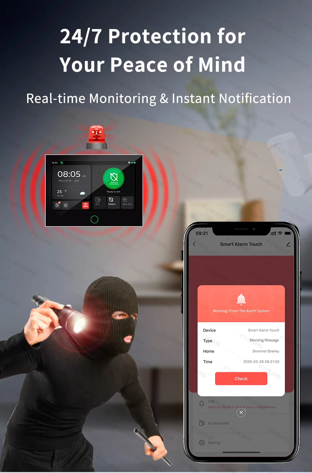 FUERS 7 Inch TFT Screen 4G Tuya Smart Home Security Alarm System G70 GSM WiFi Wireless Home Burglar Security Alarm System
