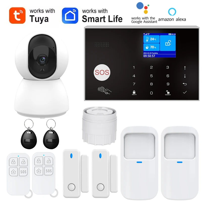 WIFI Camera GSM Alarm System Wireless Home Burglar Security Alarm System Tuya APP Control Siren Motion Detector PIR Smoke Sensor