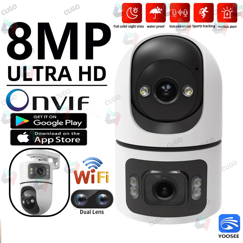 YOOSEE 4K 8MP WiFi IP Camera Dual Lens Screen Motion Detection Auto Track Motion alert Onvif 10X Zoom Security Monitor V380 PRO
