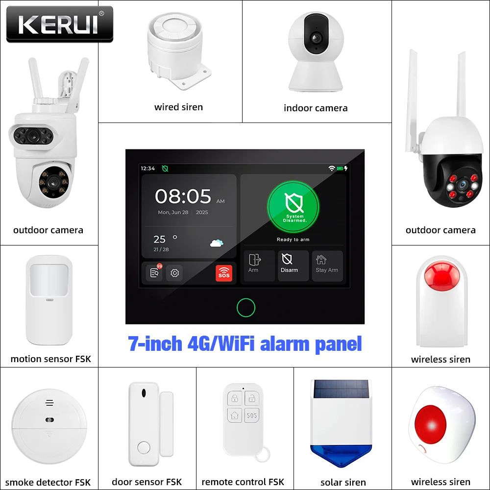 KERUI Wireless Home Alarm System 4G 2G / WiFi Security Alarm with 7 inch Alarm Host Panel Set Tuya Smart KERUI Wireless Home Alarm System 4G 2G / WiFi Security Alarm with 7 inch Alarm Host Panel Set Tuya Smart