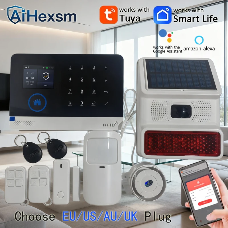 Wireless Solar Siren WIFI GSM Home Security Alarm System for 433MHz Tuya Smart Life House App Control Burglar Alarm Host Kits