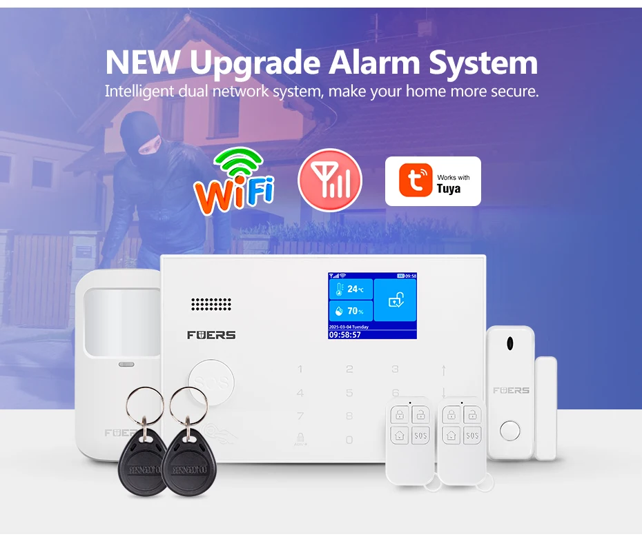 FUERS Tuya WIFI GSM Alarm System Wireless Home Burglar Security Alarm System APP Control Siren Motion Detector PIR Sensor