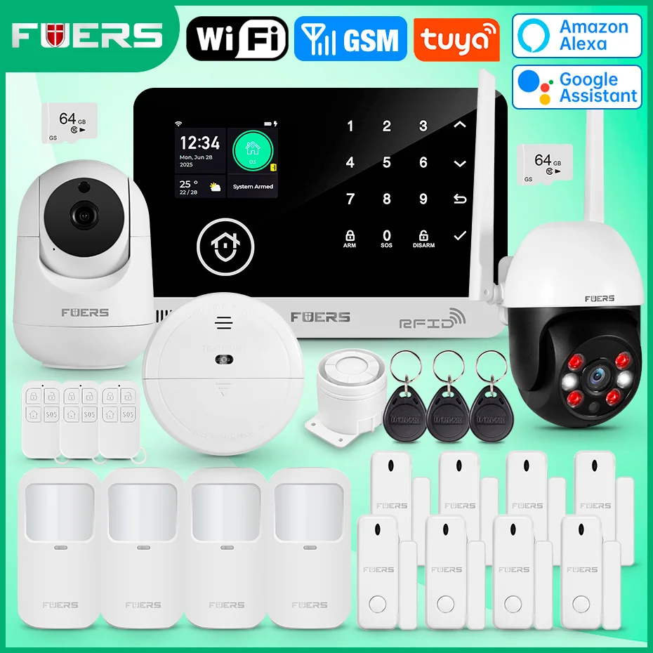 FUERS Tuya Smart WIFI GSM Alarm System Home Security Alarm System Ant-theft Wireless 433Mhz Burglar Door Motion Sensor