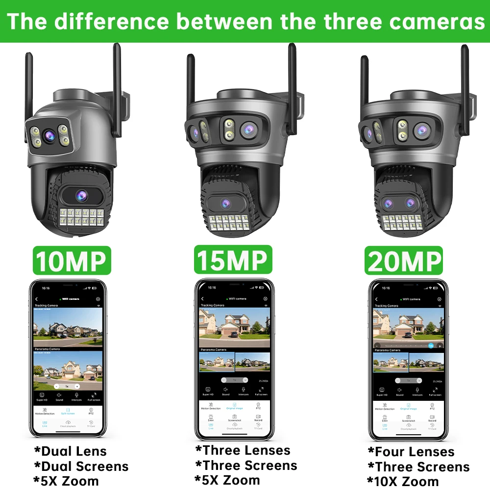 20MP 10K PTZ Wifi Camera Four Lens 10X Zoom Surveillance Camera Outdoor 360°No Dead Angle Ultra Long Range Night Vision Security