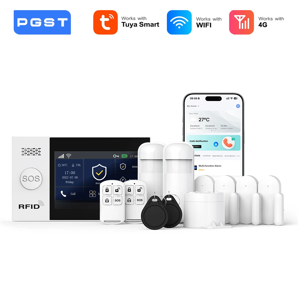 PGST PG-107 4G Wireless Home Alarm System WiFi Security System with 4.3 Inch Full Touch Screen,Compatible with Alexa and Google