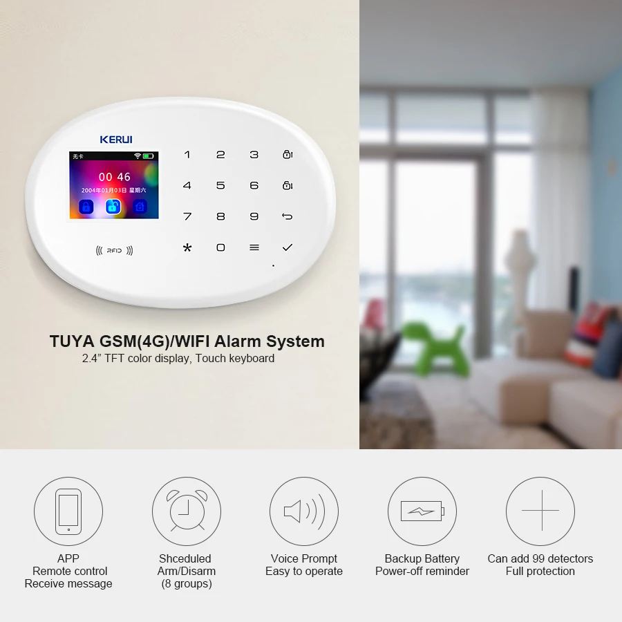 KERUI Home Security Protection WIFI GSM Alarm System Kit W202 Tuya Smart Support Alexa with Door Opening Sensor Motion Detector